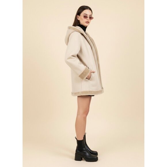 VTG 90s Penny Lane Esprit Faux Suede Shearling Hooded Coat | Mob Wife Whimsigoth - Picture 9 of 16